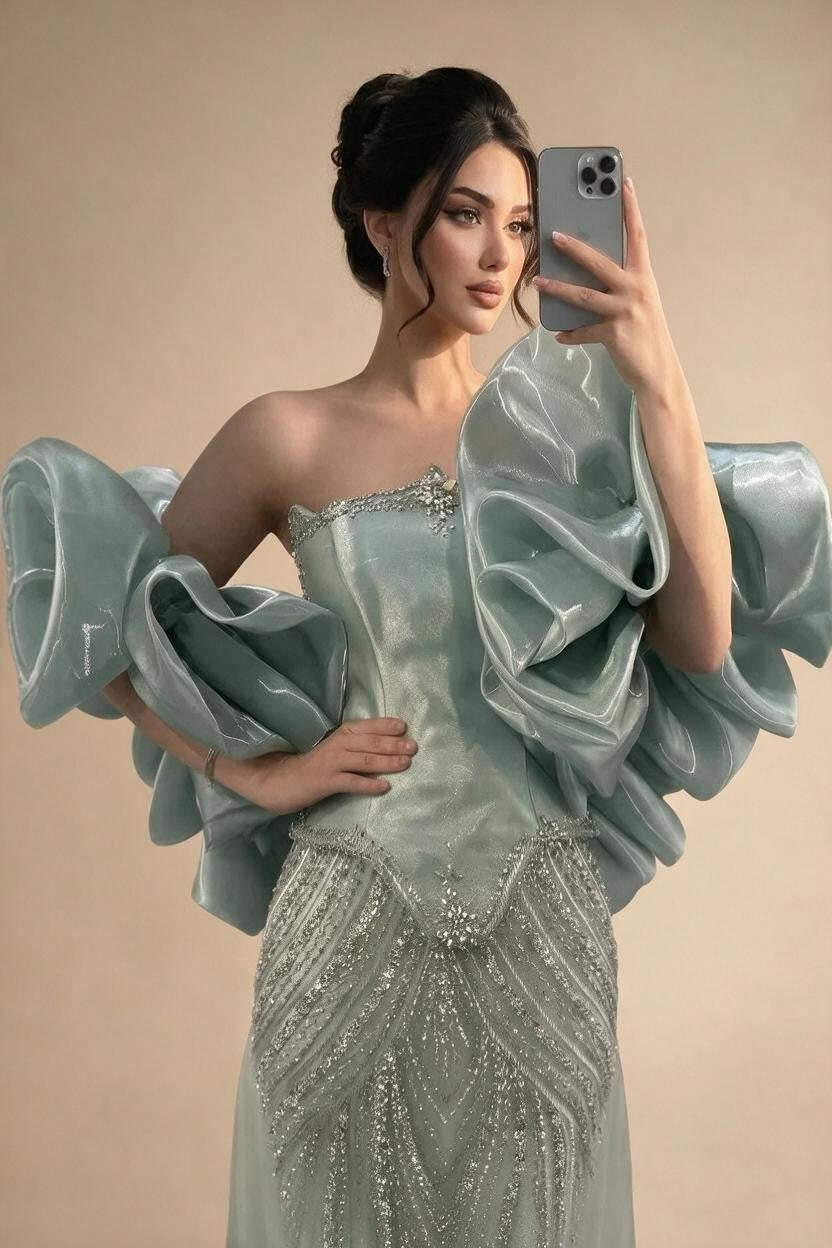 Luxury Sage Green Mermaid Evening Dress with Cape 2026 Elegant Beaded Party Gowns for Women DLA73201 Customized | Nightbubo