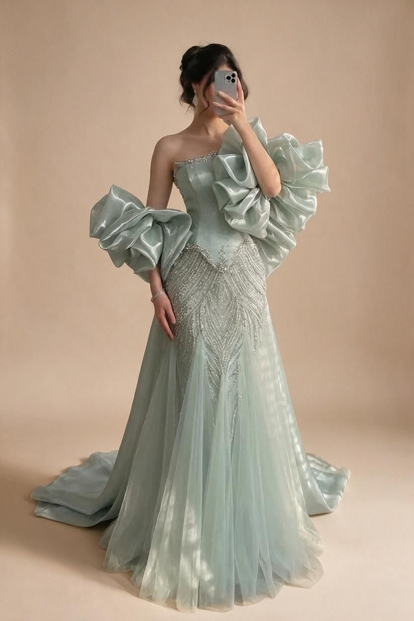 Luxury Sage Green Mermaid Evening Dress with Cape 2026 Elegant Beaded Party Gowns for Women DLA73201 Customized | Nightbubo