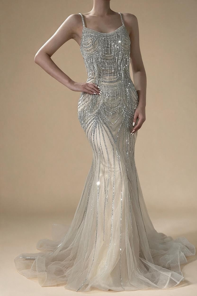 Elegant Silver Nude Spaghetti Strap Mermaid Evening Dress with Beaded Tassels for Party DLA72772 Customized | Nightbubo