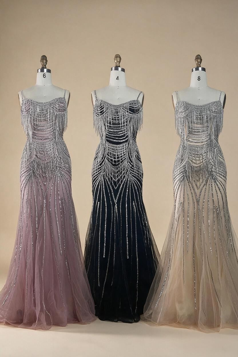 Elegant Silver Nude Spaghetti Strap Mermaid Evening Dress with Beaded Tassels for Party DLA72772 Customized | Nightbubo