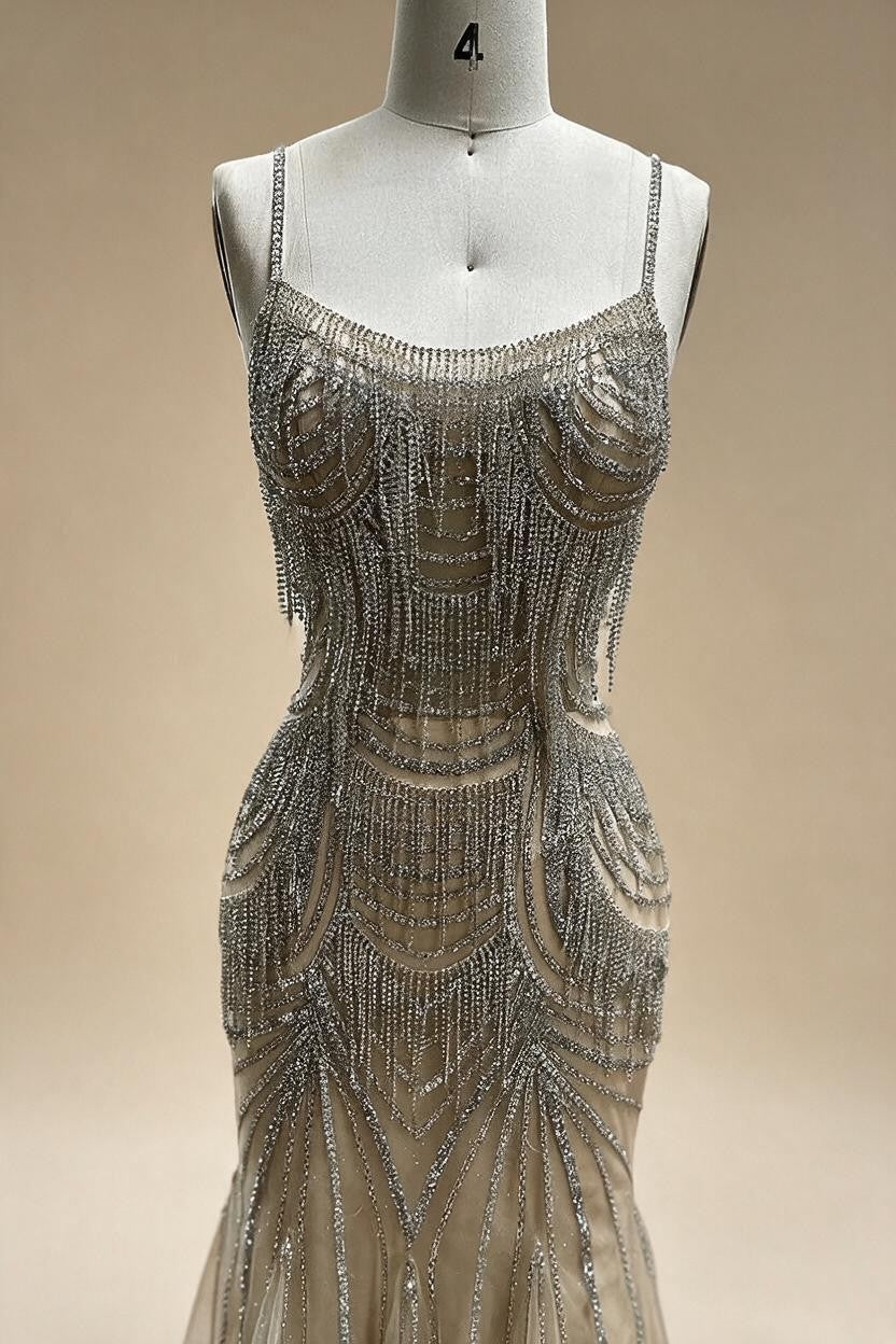 Elegant Silver Nude Spaghetti Strap Mermaid Evening Dress with Beaded Tassels for Party DLA72772 Customized | Nightbubo
