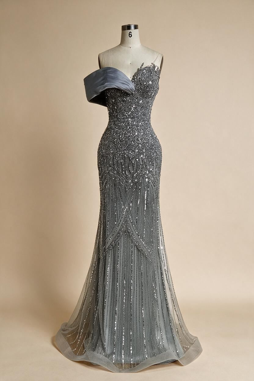 Dubai Grey Mermaid One Shoulder Beaded Long Evening Dresses Gowns For Formal Occasion DLA72650 Customized | Nightbubo