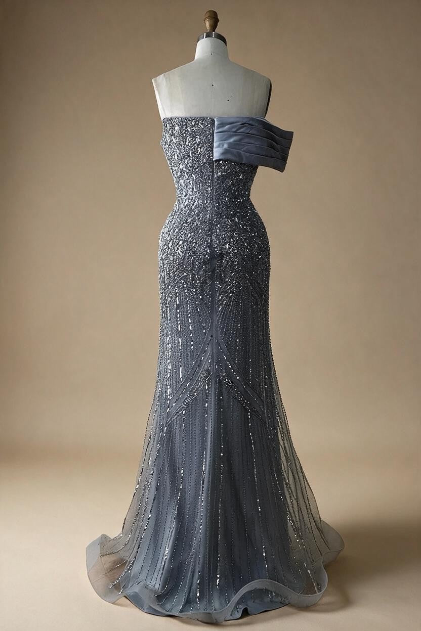 Dubai Grey Mermaid One Shoulder Beaded Long Evening Dresses Gowns For Formal Occasion DLA72650 Customized | Nightbubo
