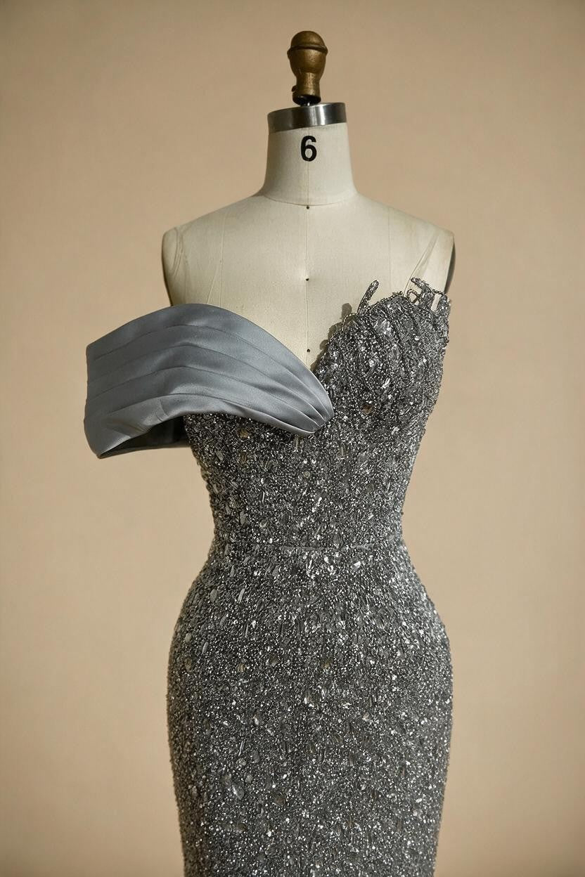 Dubai Grey Mermaid One Shoulder Beaded Long Evening Dresses Gowns For Formal Occasion DLA72650 Customized | Nightbubo