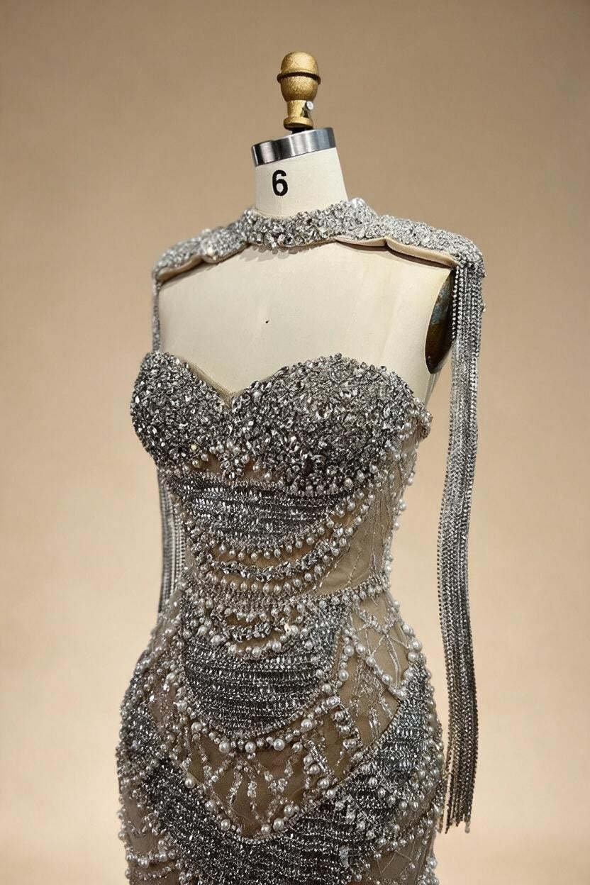 Nude Strapless Mermaid Pearls Beaded Evening Gowns Luxury Party Dress with Tassel DLA72876 Customized | Nightbubo