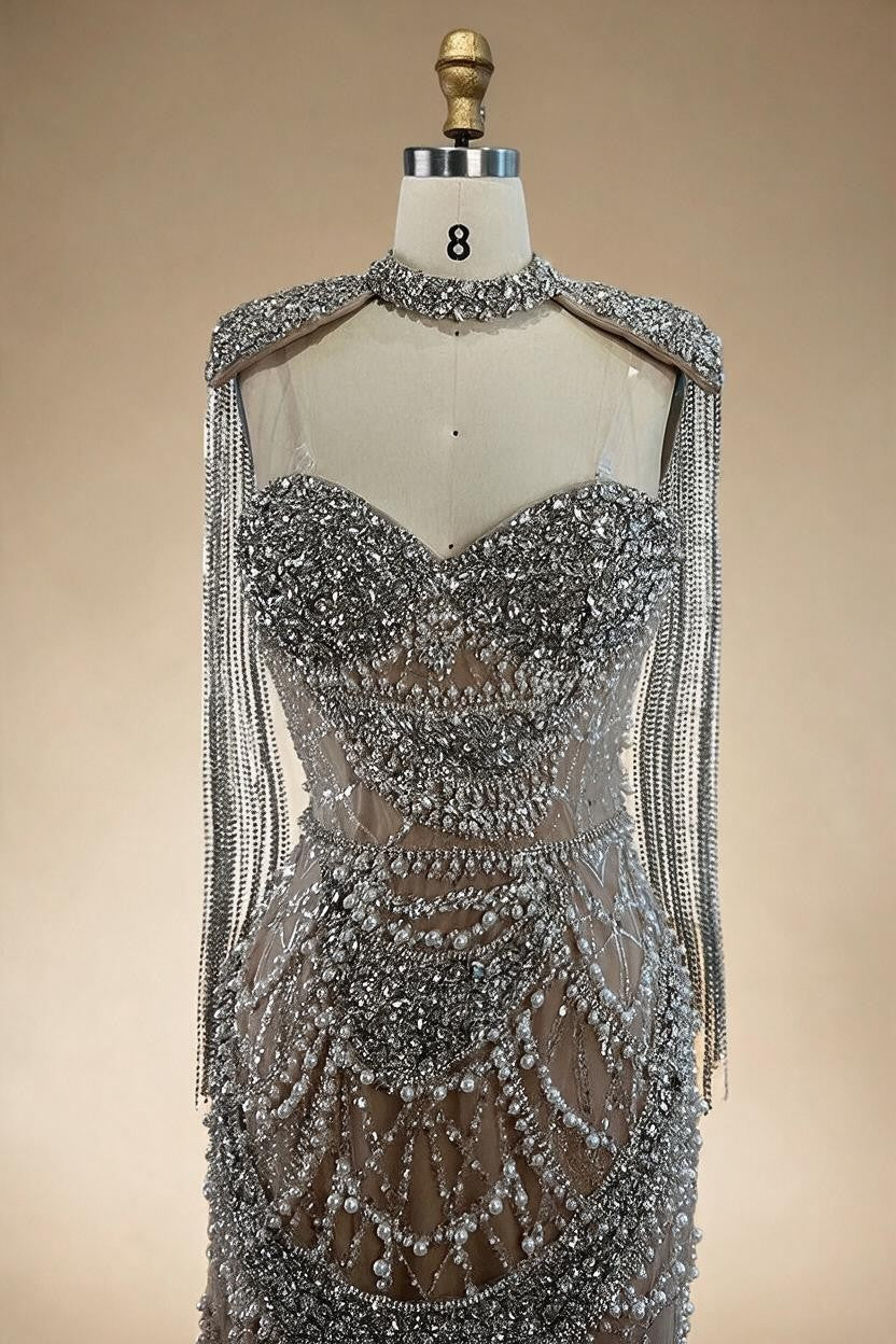Nude Strapless Mermaid Pearls Beaded Evening Gowns Luxury Party Dress with Tassel DLA72876 Customized | Nightbubo