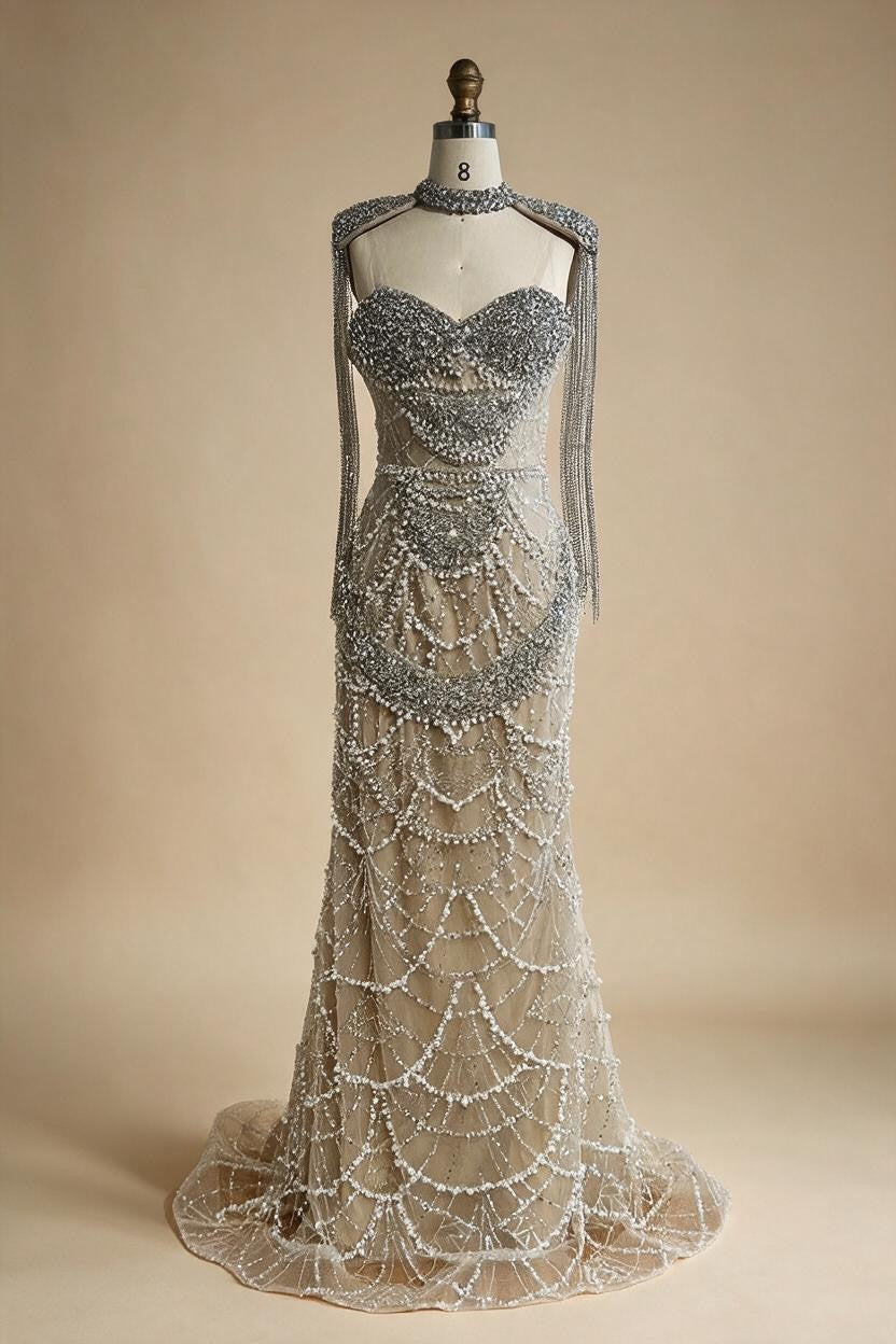 Nude Strapless Mermaid Pearls Beaded Evening Gowns Luxury Party Dress with Tassel DLA72876 Customized | Nightbubo