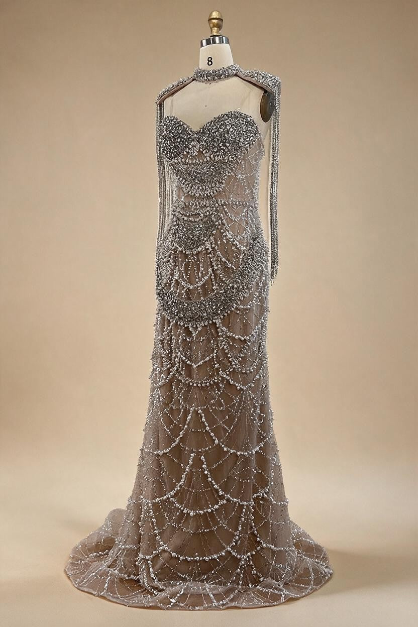 Nude Strapless Mermaid Pearls Beaded Evening Gowns Luxury Party Dress with Tassel DLA72876 Customized | Nightbubo