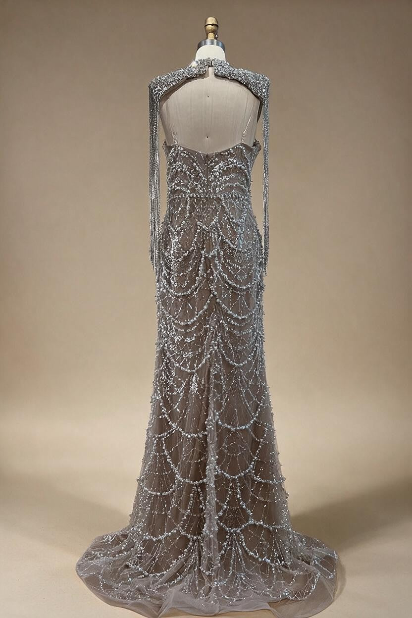 Nude Strapless Mermaid Pearls Beaded Evening Gowns Luxury Party Dress with Tassel DLA72876 Customized | Nightbubo
