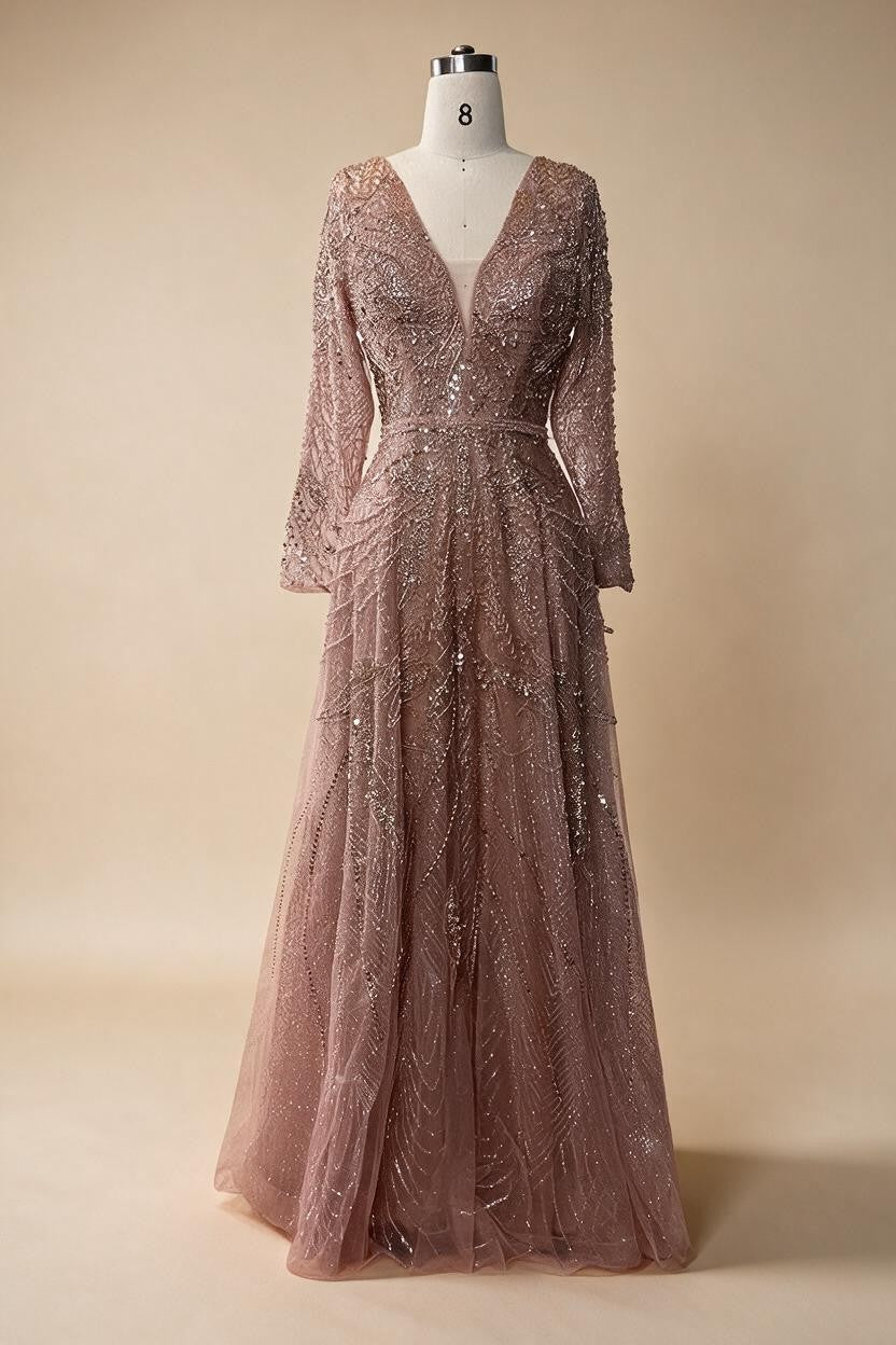 Ccustomized Rose Gold Long Sleeves A-Line Beaded Evening Party Gowns Mother of the Bride Dress DLA70287L | Nightbubo