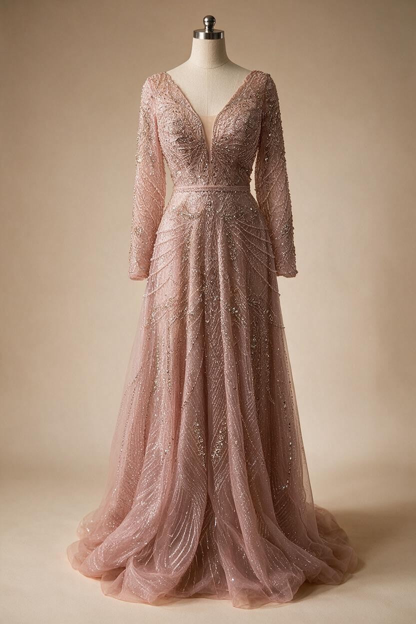 Ccustomized Rose Gold Long Sleeves A-Line Beaded Evening Party Gowns Mother of the Bride Dress DLA70287L | Nightbubo