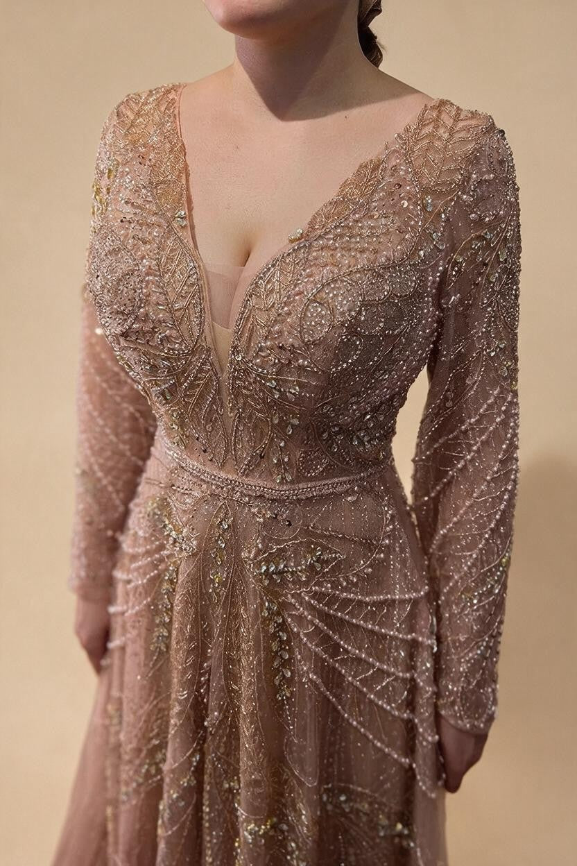 Ccustomized Rose Gold Long Sleeves A-Line Beaded Evening Party Gowns Mother of the Bride Dress DLA70287L | Nightbubo