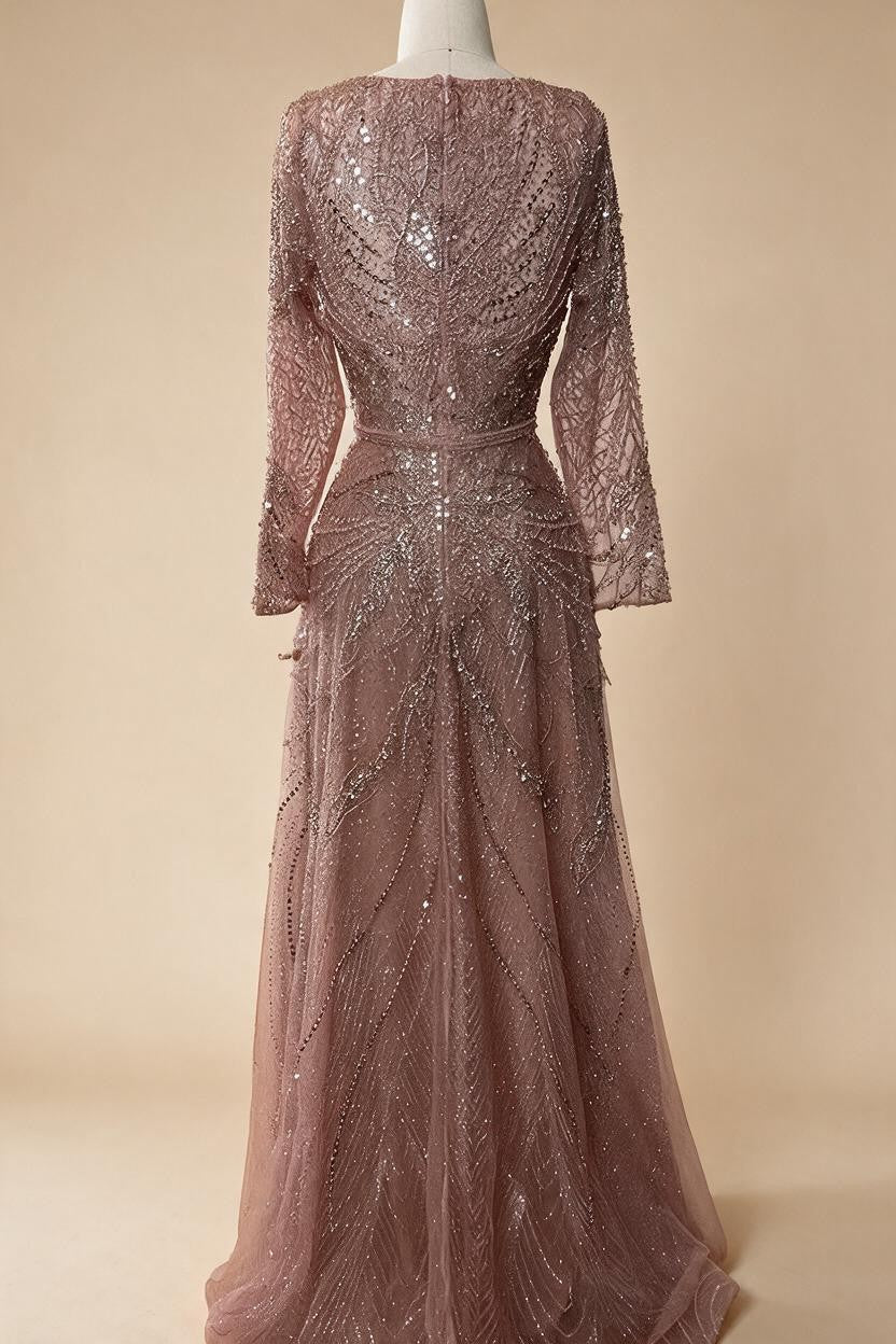 Ccustomized Rose Gold Long Sleeves A-Line Beaded Evening Party Gowns Mother of the Bride Dress DLA70287L | Nightbubo