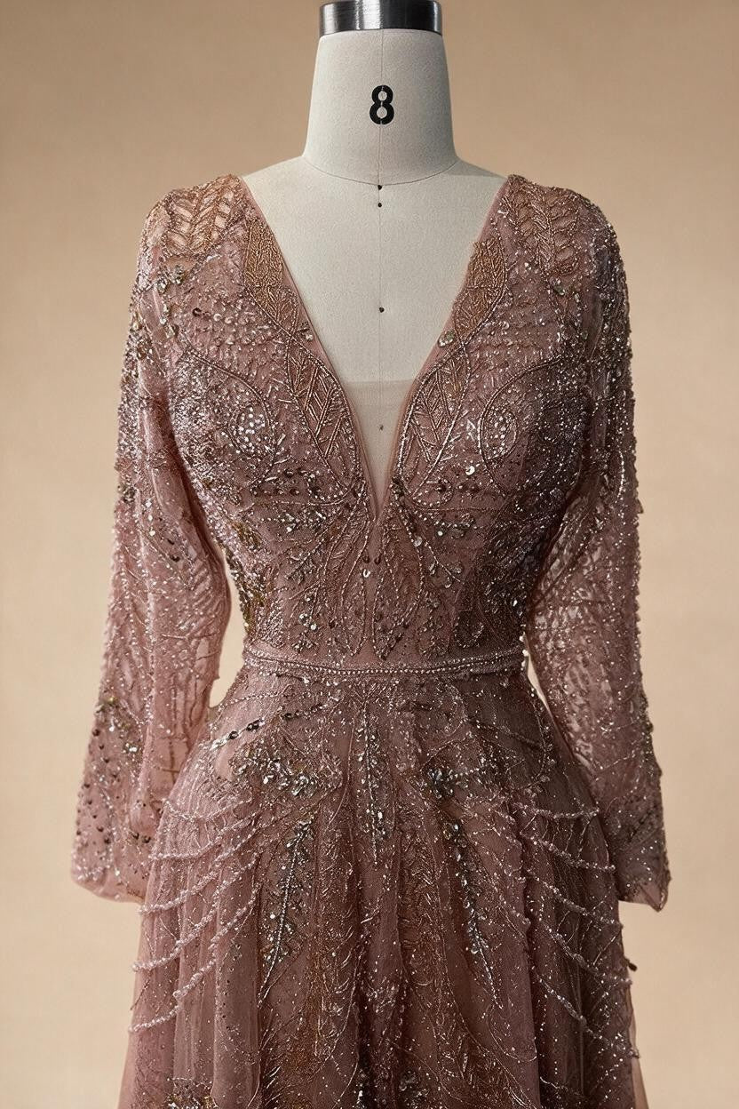 Ccustomized Rose Gold Long Sleeves A-Line Beaded Evening Party Gowns Mother of the Bride Dress DLA70287L | Nightbubo