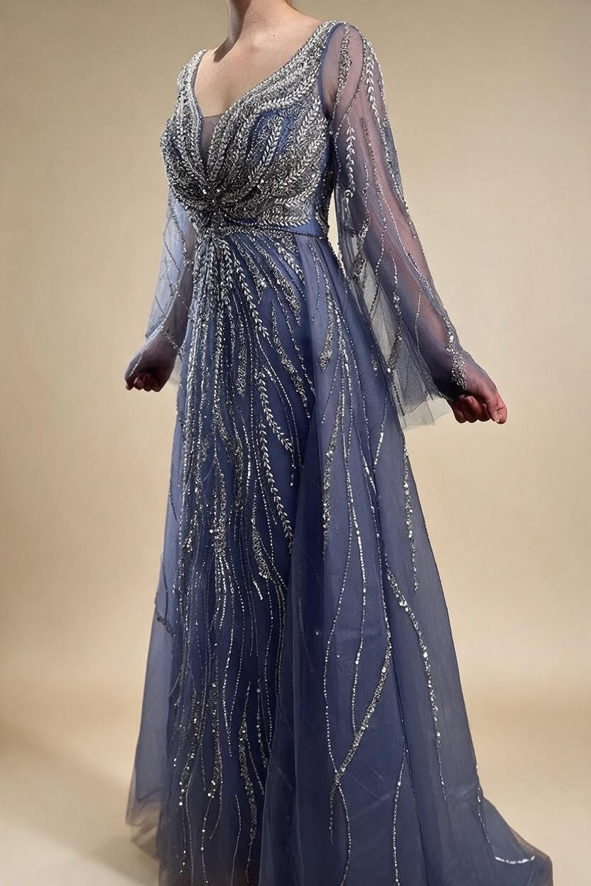 Customized Blue A Line Beaded Evening Dresses Arabic Wedding Party Formal Gowns For Women DLA72099 rts | Nightbubo