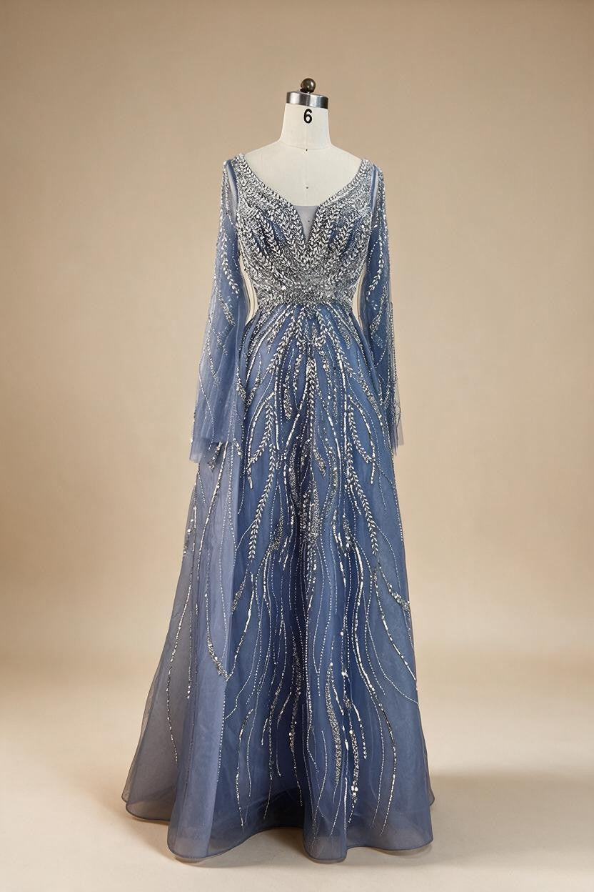 Customized Blue A Line Beaded Evening Dresses Arabic Wedding Party Formal Gowns For Women DLA72099 rts | Nightbubo