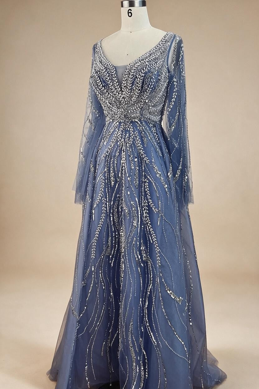 Customized Blue A Line Beaded Evening Dresses Arabic Wedding Party Formal Gowns For Women DLA72099 rts | Nightbubo