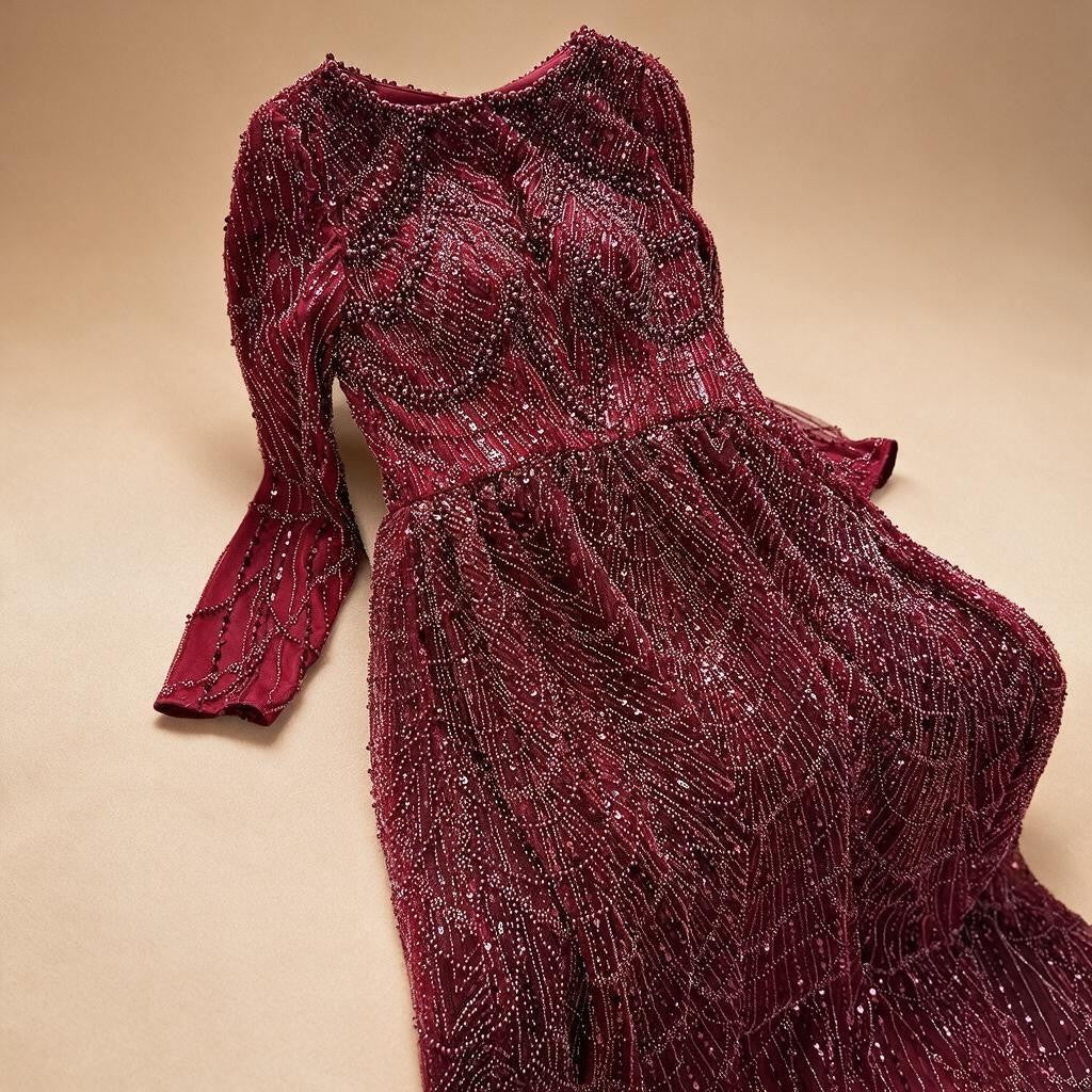 Wine Red Long Sleeves Muslim A-line Evening Dress Pearls Beaded Party Gowns for Women Plus Size Customized DLA72738B | Nightbubo