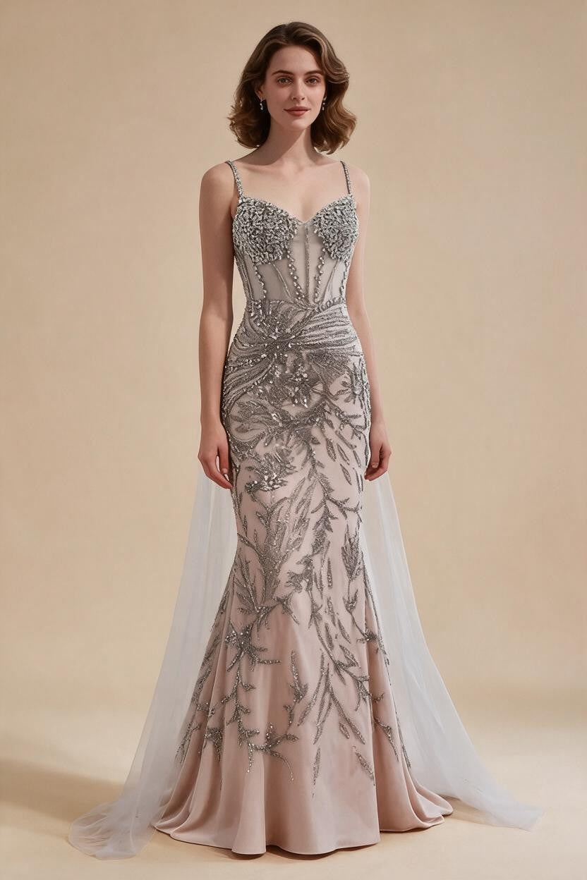 Silver Nude Mermaid Beaded Evening Dress with Cape DLA73342 Wedding Party Gowns for Women 2026 Customized | Nightbubo