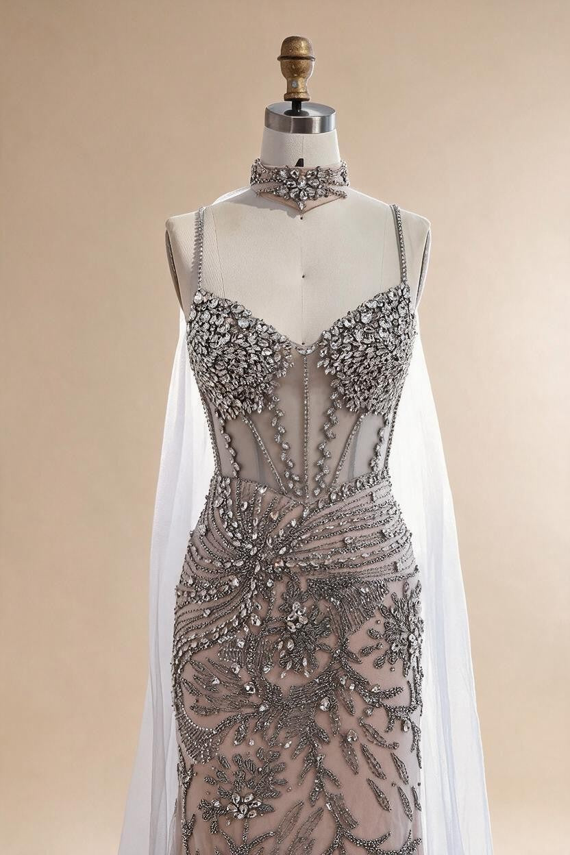 Silver Nude Mermaid Beaded Evening Dress with Cape DLA73342 Wedding Party Gowns for Women 2026 Customized | Nightbubo