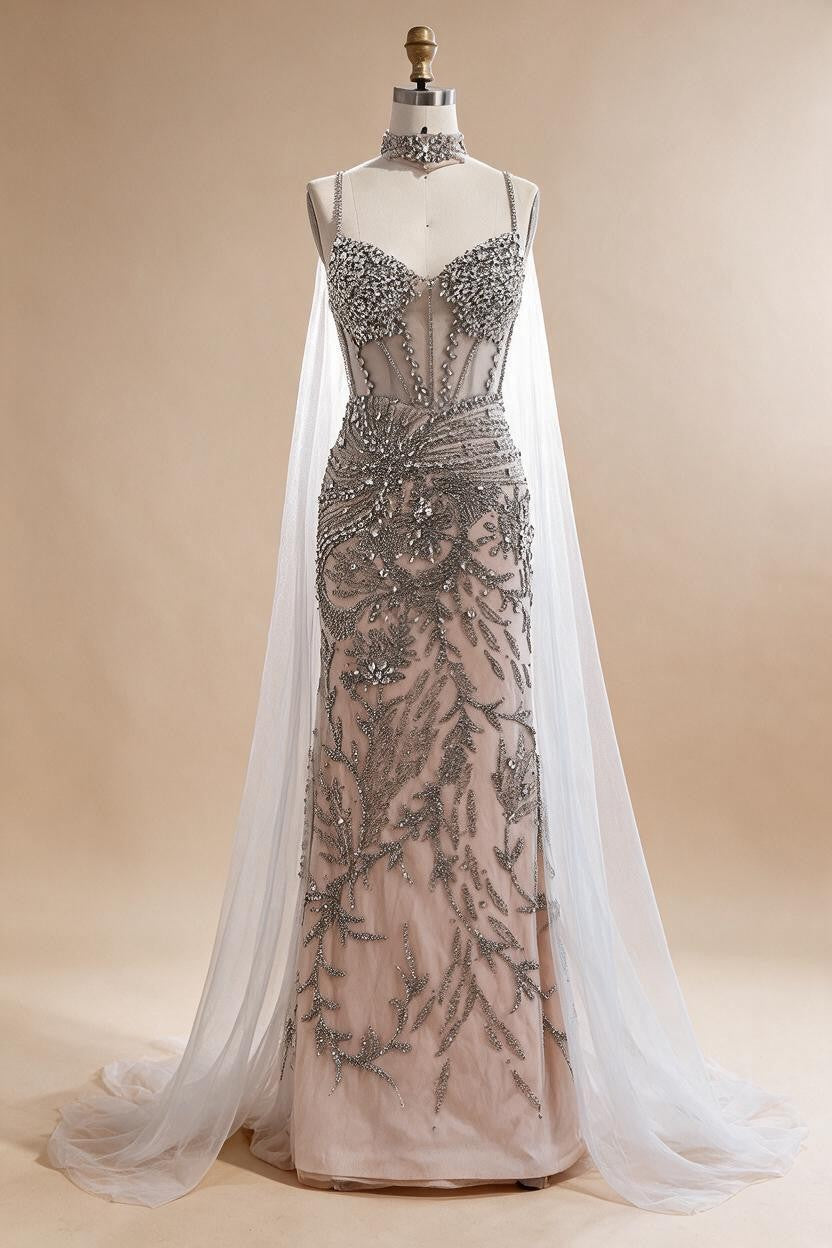 Silver Nude Mermaid Beaded Evening Dress with Cape DLA73342 Wedding Party Gowns for Women 2026 Customized | Nightbubo