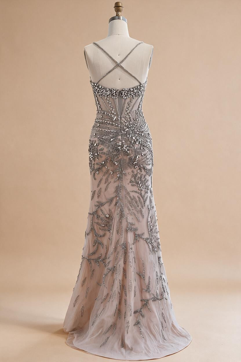 Silver Nude Mermaid Beaded Evening Dress with Cape DLA73342 Wedding Party Gowns for Women 2026 Customized | Nightbubo