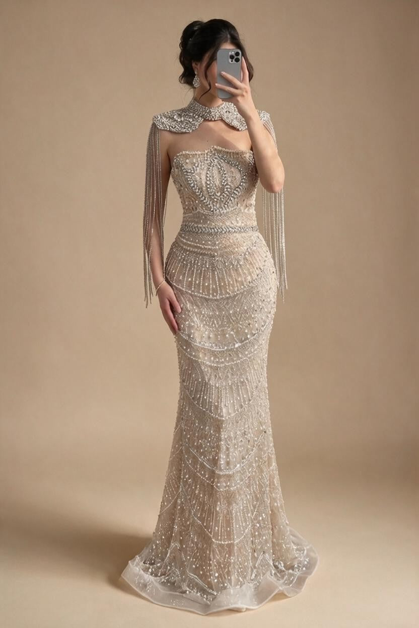 Luxury Beaded Mermaid Evening Dress Elegant Crystal Tassel Cape Celebrity Party Gown Vestidos Customized DLA73450A | Nightbubo