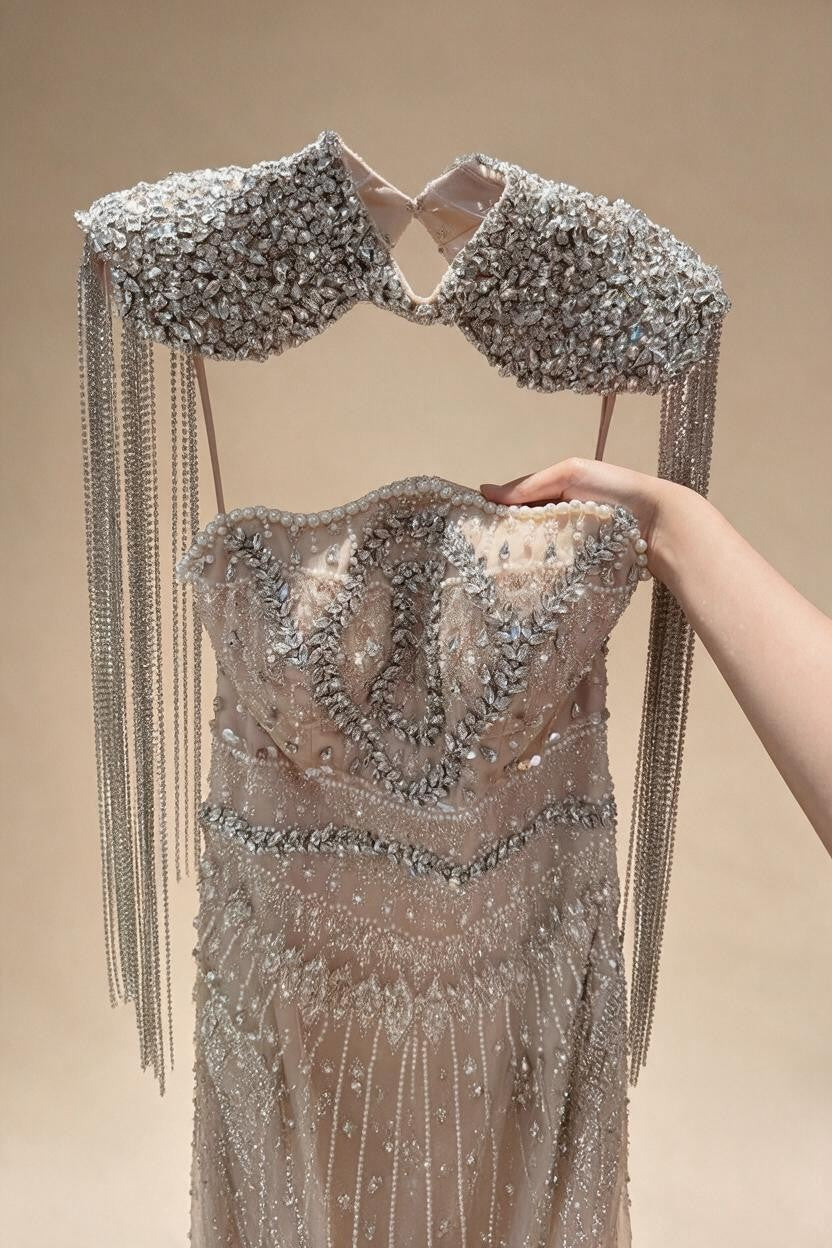 Luxury Beaded Mermaid Evening Dress Elegant Crystal Tassel Cape Celebrity Party Gown Vestidos Customized DLA73450A | Nightbubo