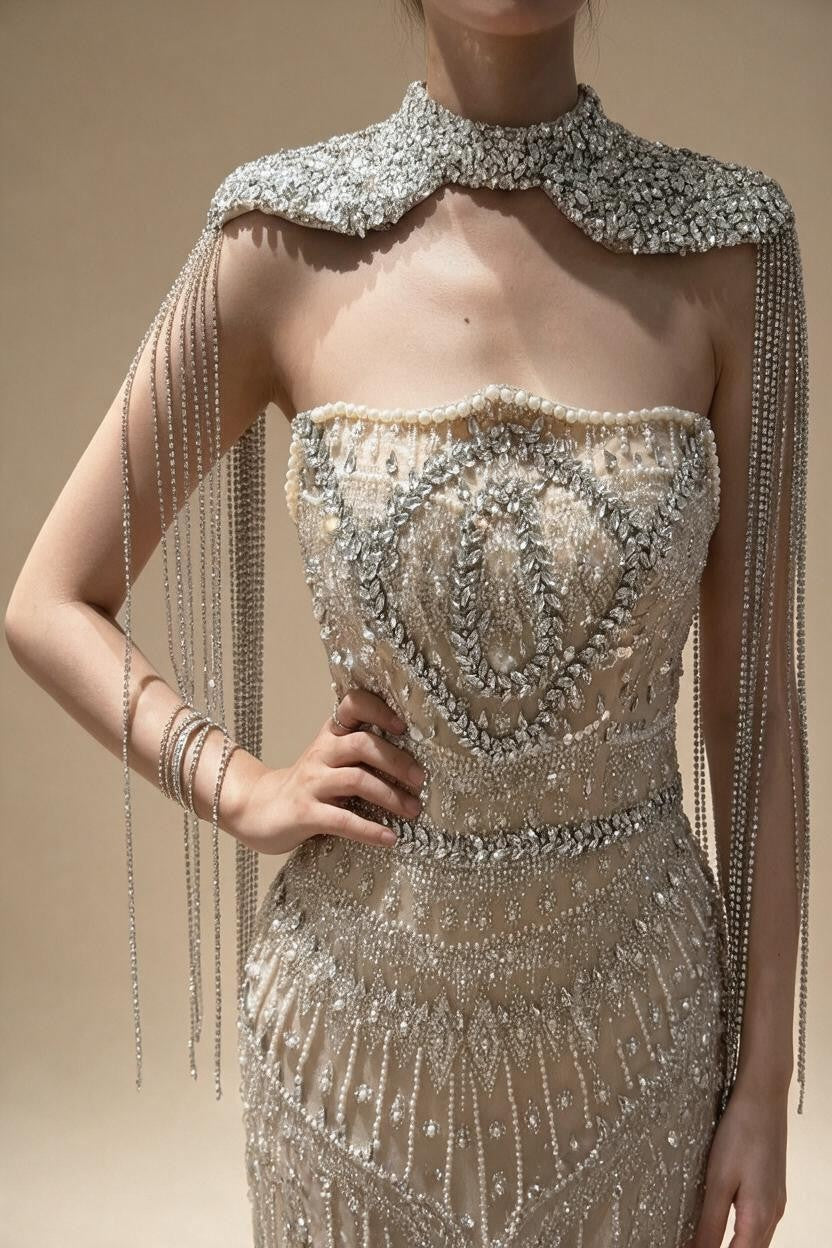 Luxury Beaded Mermaid Evening Dress Elegant Crystal Tassel Cape Celebrity Party Gown Vestidos Customized DLA73450A | Nightbubo