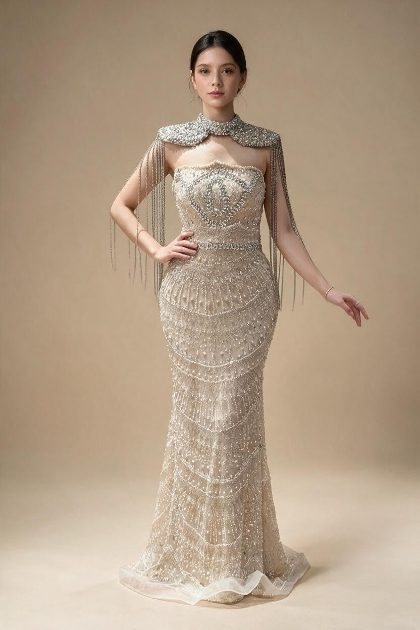Luxury Beaded Mermaid Evening Dress Elegant Crystal Tassel Cape Celebrity Party Gown Vestidos Customized DLA73450A | Nightbubo