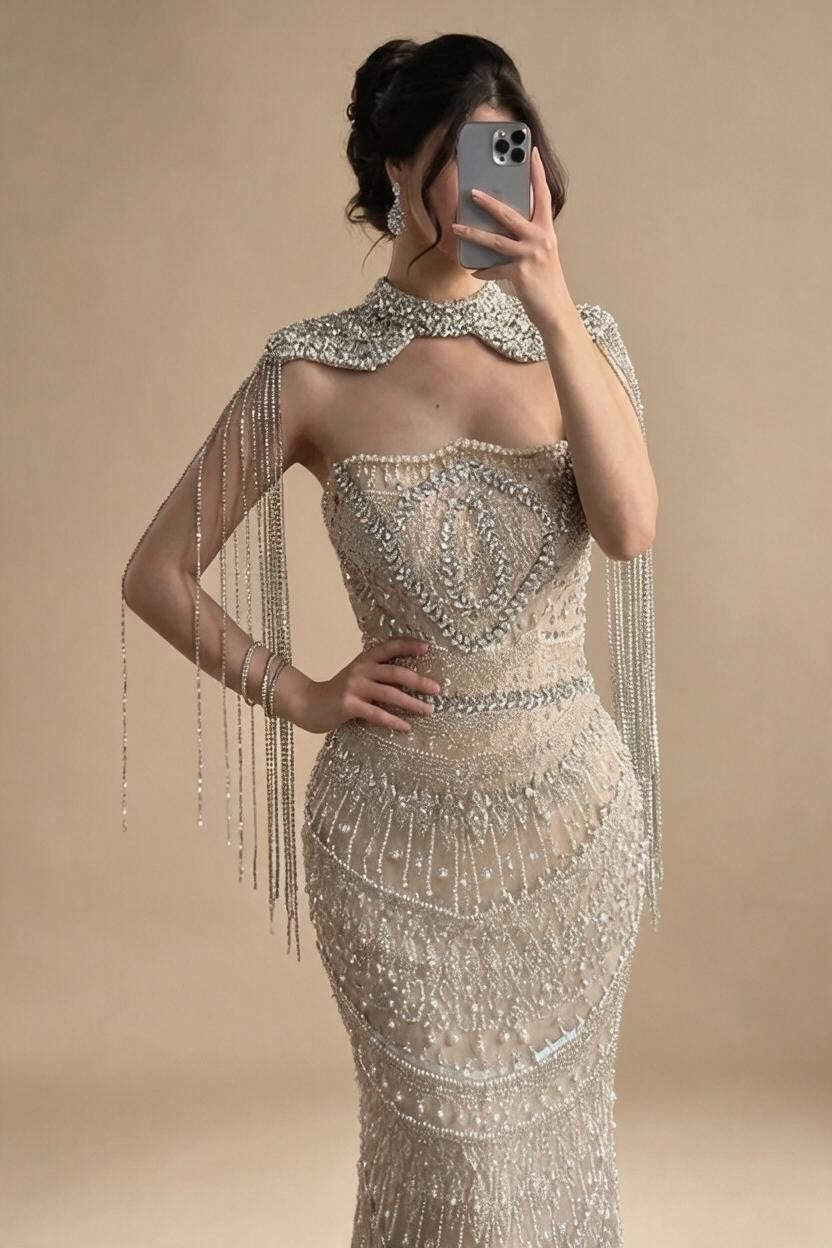 Luxury Beaded Mermaid Evening Dress Elegant Crystal Tassel Cape Celebrity Party Gown Vestidos Customized DLA73450A | Nightbubo