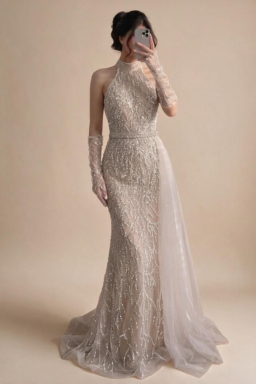 White Nude Pearls Halter Mermaid Evening Gowns with Gloves Formal Party Dresses for Women 2026 Customized DLA72345F | Nightbubo
