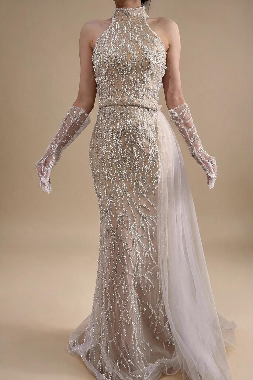 White Nude Pearls Halter Mermaid Evening Gowns with Gloves Formal Party Dresses for Women 2026 Customized DLA72345F | Nightbubo