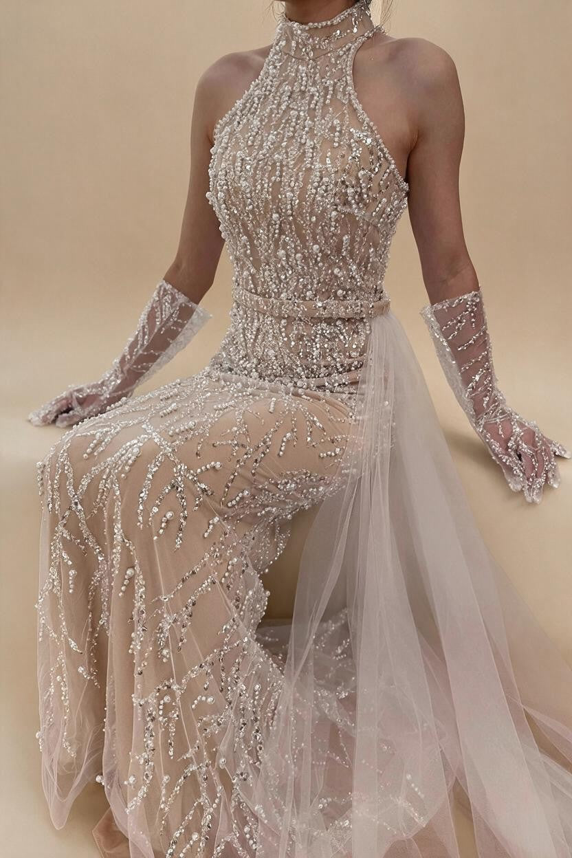 White Nude Pearls Halter Mermaid Evening Gowns with Gloves Formal Party Dresses for Women 2026 Customized DLA72345F | Nightbubo