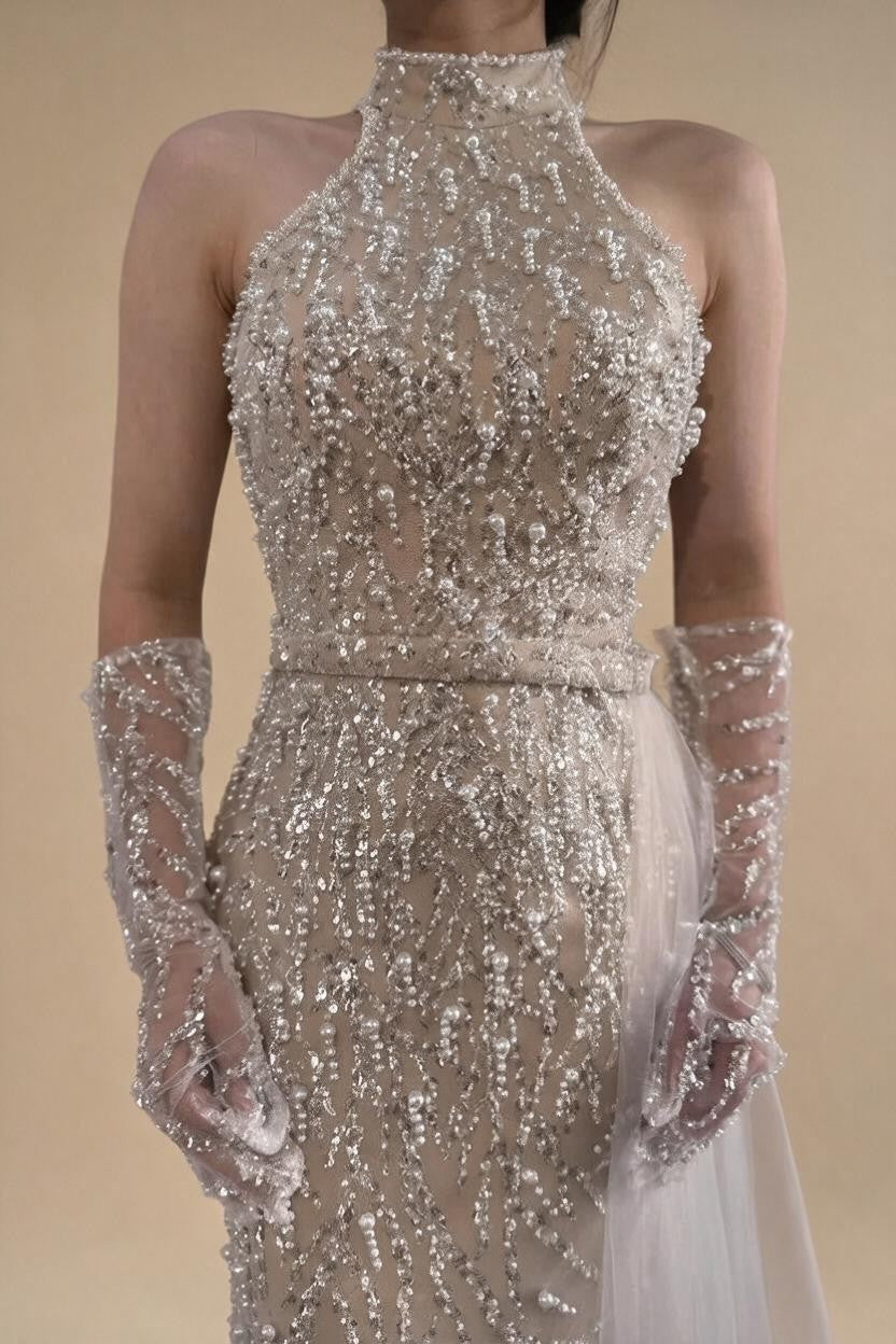 White Nude Pearls Halter Mermaid Evening Gowns with Gloves Formal Party Dresses for Women 2026 Customized DLA72345F | Nightbubo