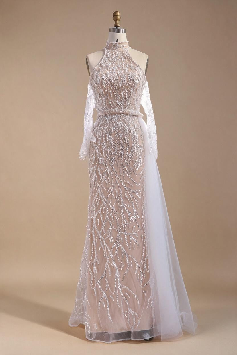 White Nude Pearls Halter Mermaid Evening Gowns with Gloves Formal Party Dresses for Women 2026 Customized DLA72345F | Nightbubo
