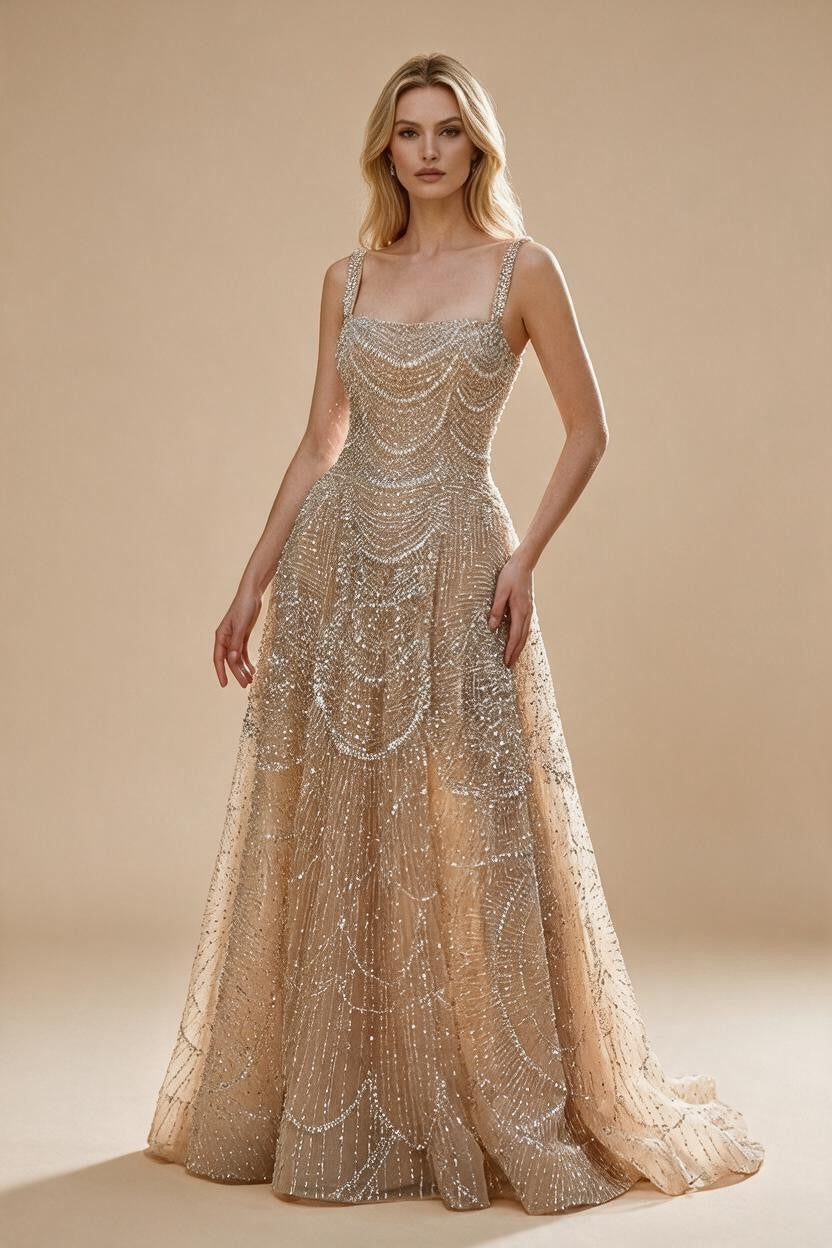 Customized Nude Prom Dress Spaghetti Strap Lace-up Back Evening Gown Crystal Beaded Party Gwons for Women DLA72983A | Nightbubo