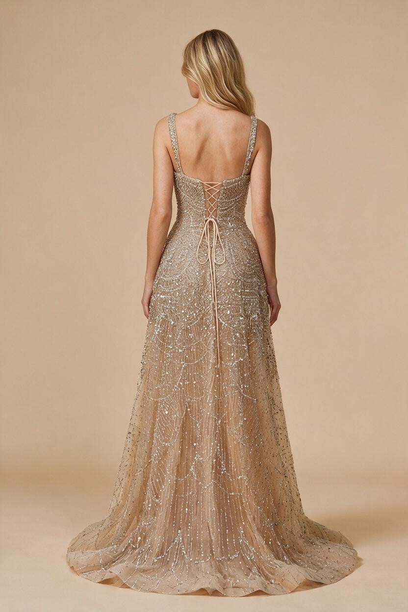 Customized Nude Prom Dress Spaghetti Strap Lace-up Back Evening Gown Crystal Beaded Party Gwons for Women DLA72983A | Nightbubo