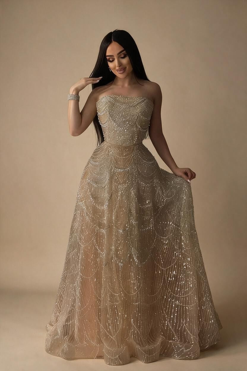 Customized Nude Prom Dress Spaghetti Strap Lace-up Back Evening Gown Crystal Beaded Party Gwons for Women DLA72983A | Nightbubo