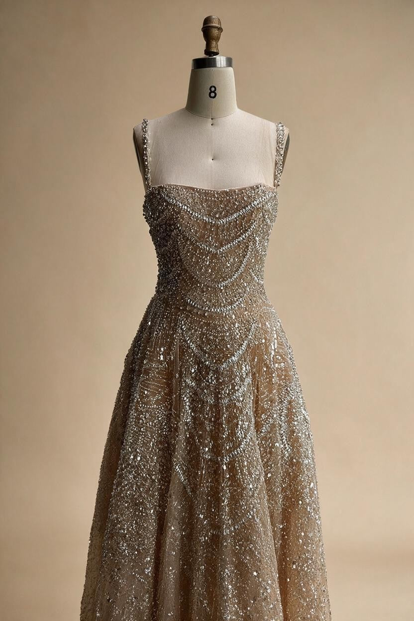 Customized Nude Prom Dress Spaghetti Strap Lace-up Back Evening Gown Crystal Beaded Party Gwons for Women DLA72983A | Nightbubo