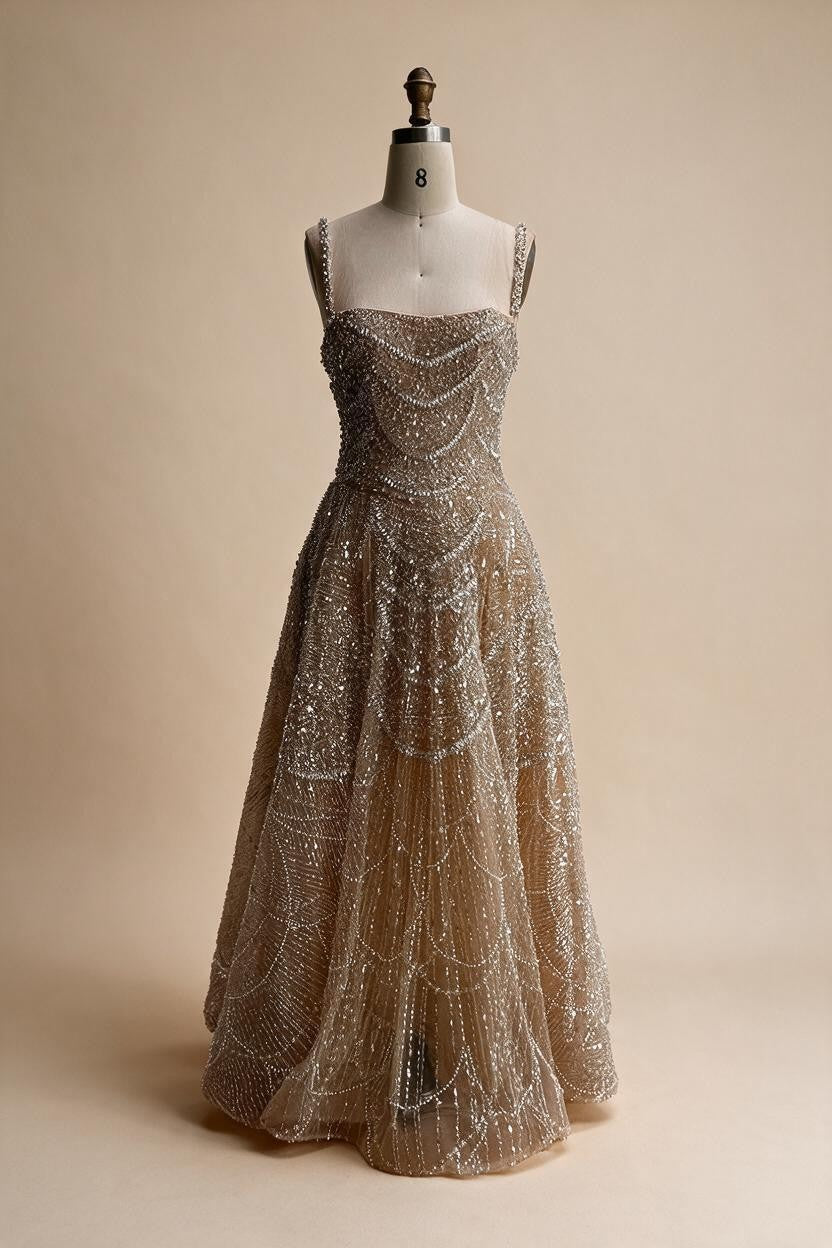 Customized Nude Prom Dress Spaghetti Strap Lace-up Back Evening Gown Crystal Beaded Party Gwons for Women DLA72983A | Nightbubo