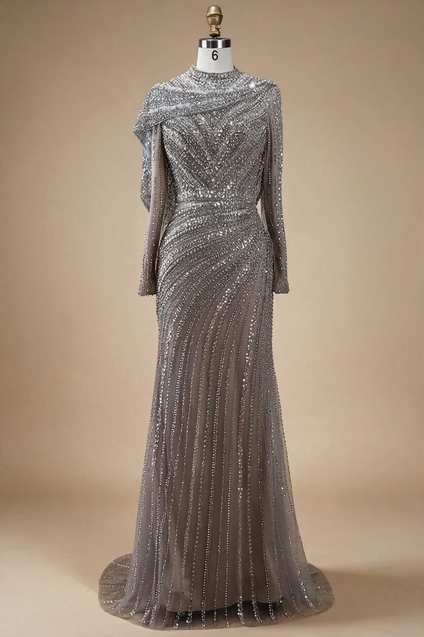Muslim-inspired Silver Nude Beaded Sparkle Elegant Mermaid Evening Dresses Gowns for Party DLA70752H Customized | Nightbubo