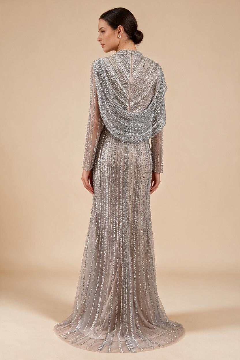 Muslim-inspired Silver Nude Beaded Sparkle Elegant Mermaid Evening Dresses Gowns for Party DLA70752H Customized | Nightbubo