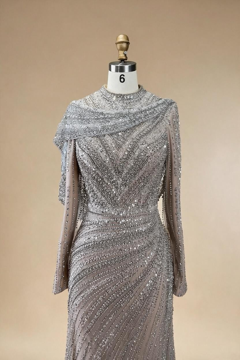 Muslim-inspired Silver Nude Beaded Sparkle Elegant Mermaid Evening Dresses Gowns for Party DLA70752H Customized | Nightbubo