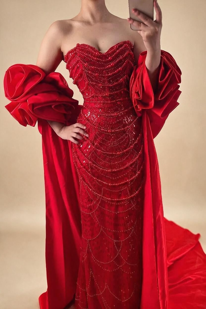 Red Strapless Mermaid Pearls Beaded Evening Dresses with Long Cape Wedding Party Gowns DLA72585A Customized | Nightbubo