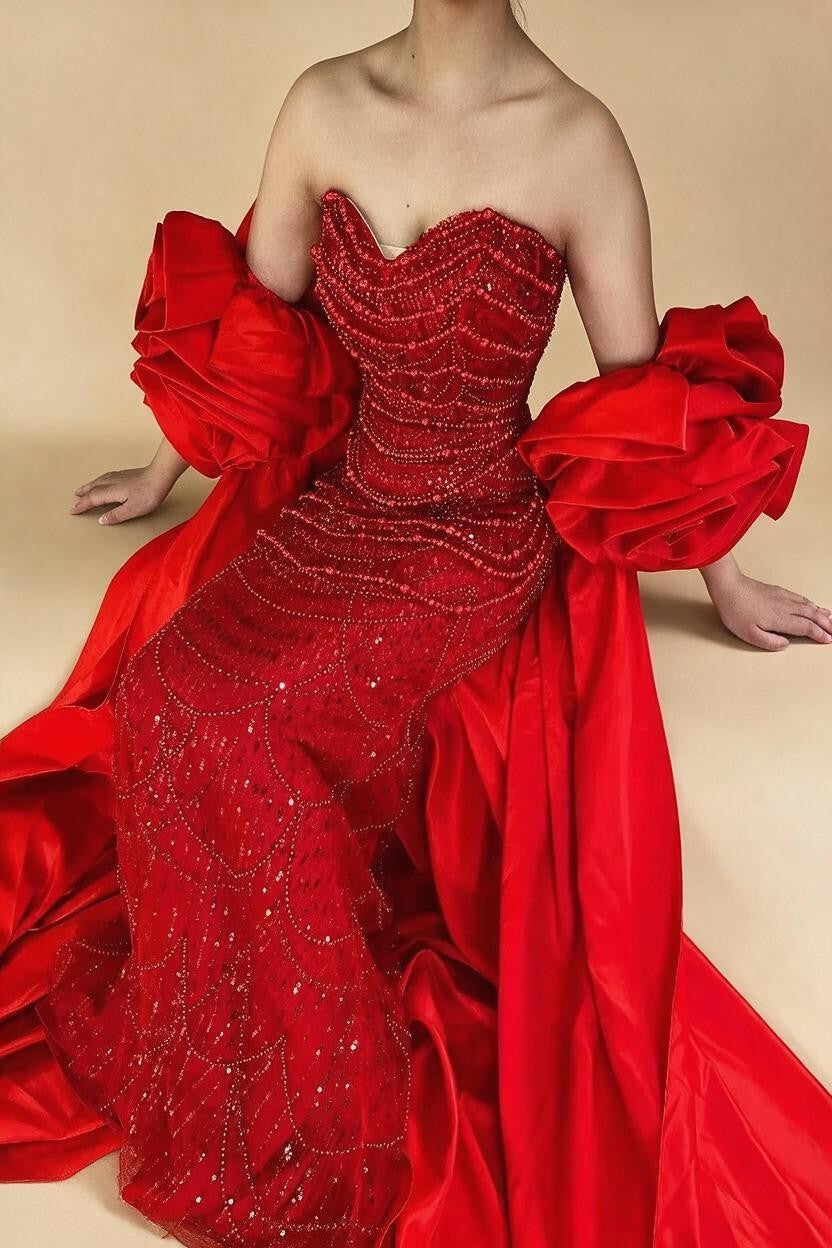 Red Strapless Mermaid Pearls Beaded Evening Dresses with Long Cape Wedding Party Gowns DLA72585A Customized | Nightbubo