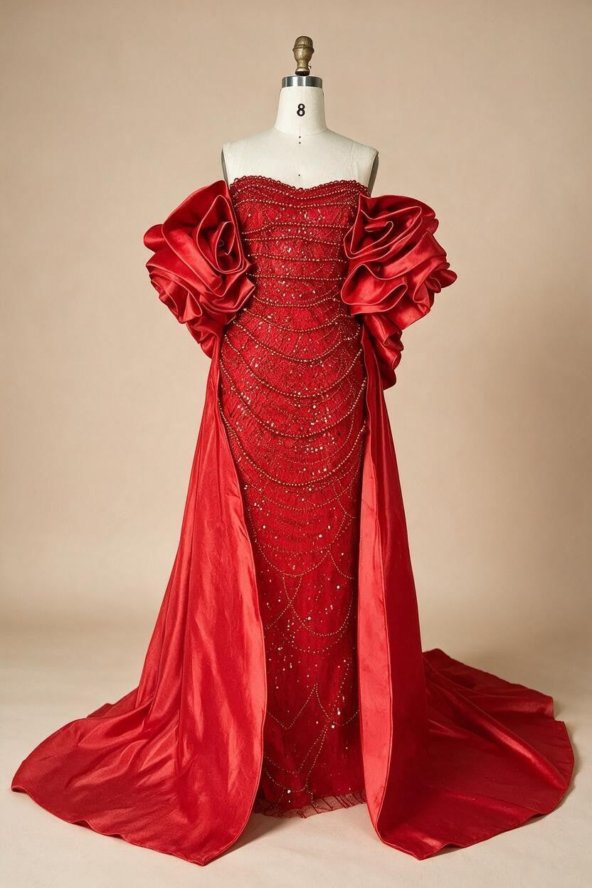 Red Strapless Mermaid Pearls Beaded Evening Dresses with Long Cape Wedding Party Gowns DLA72585A Customized | Nightbubo
