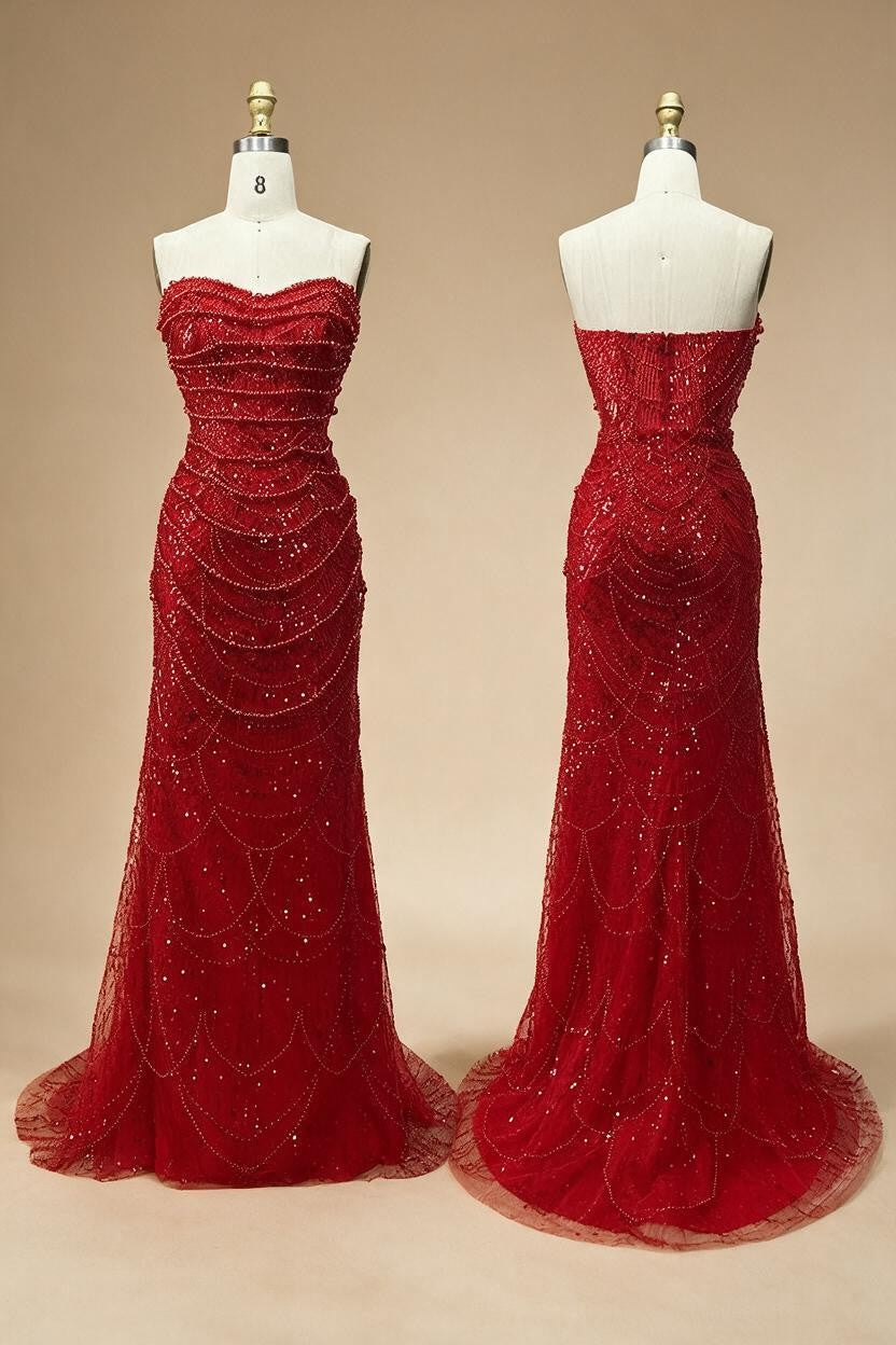 Red Strapless Mermaid Pearls Beaded Evening Dresses with Long Cape Wedding Party Gowns DLA72585A Customized | Nightbubo