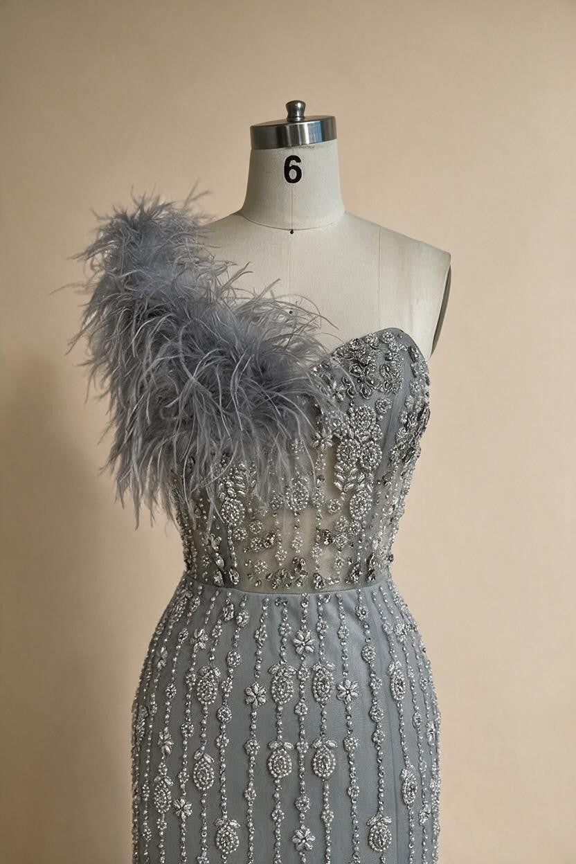 Gray Mermaid One Shoulder High Split Beaded Feather Evening Dress Party Gowns for Women DLA72347 Customized | Nightbubo