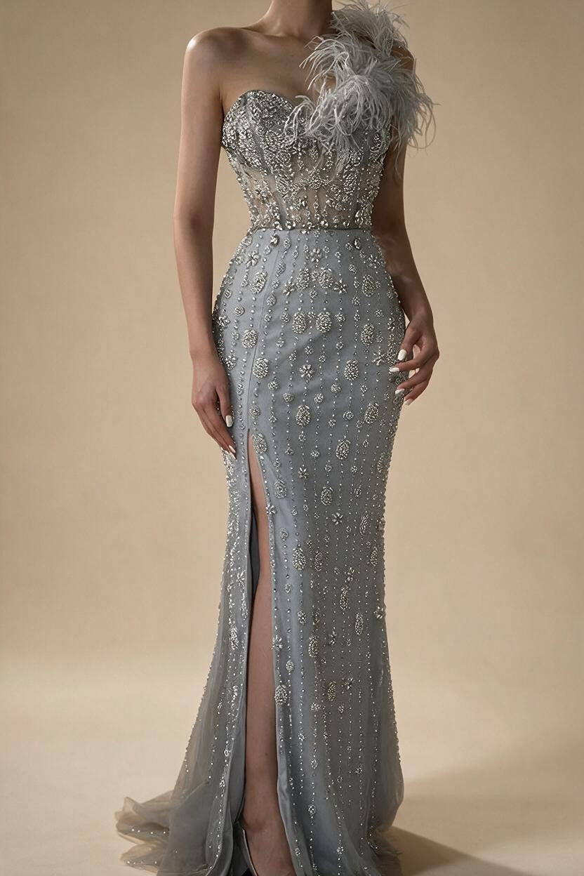 Gray Mermaid One Shoulder High Split Beaded Feather Evening Dress Party Gowns for Women DLA72347 Customized | Nightbubo